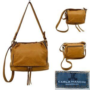 Carla Mancini Crossbody Shoulder Messenger Flap Bag Tan Leather